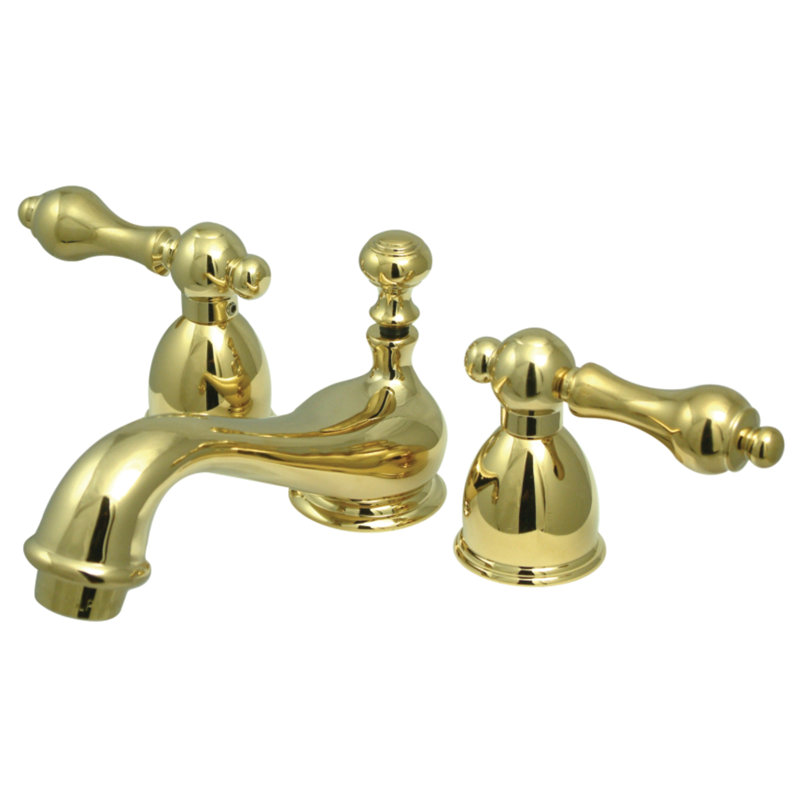 Kingston Brass Restoration Two-Handle 3-Hole Deck Mount Mini-Widespread Bathroom Faucet with Brass Pop-Up, Polished Brass