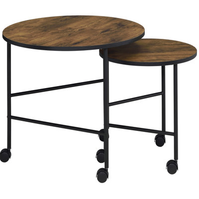 2 Vintage-Style Nesting Tables, Oak And Black, Ideal For Compact Living Areas, Wooden Round Top Movable Caster Wheels Functionality Tables With Vintage Appeal, Versatile Furniture