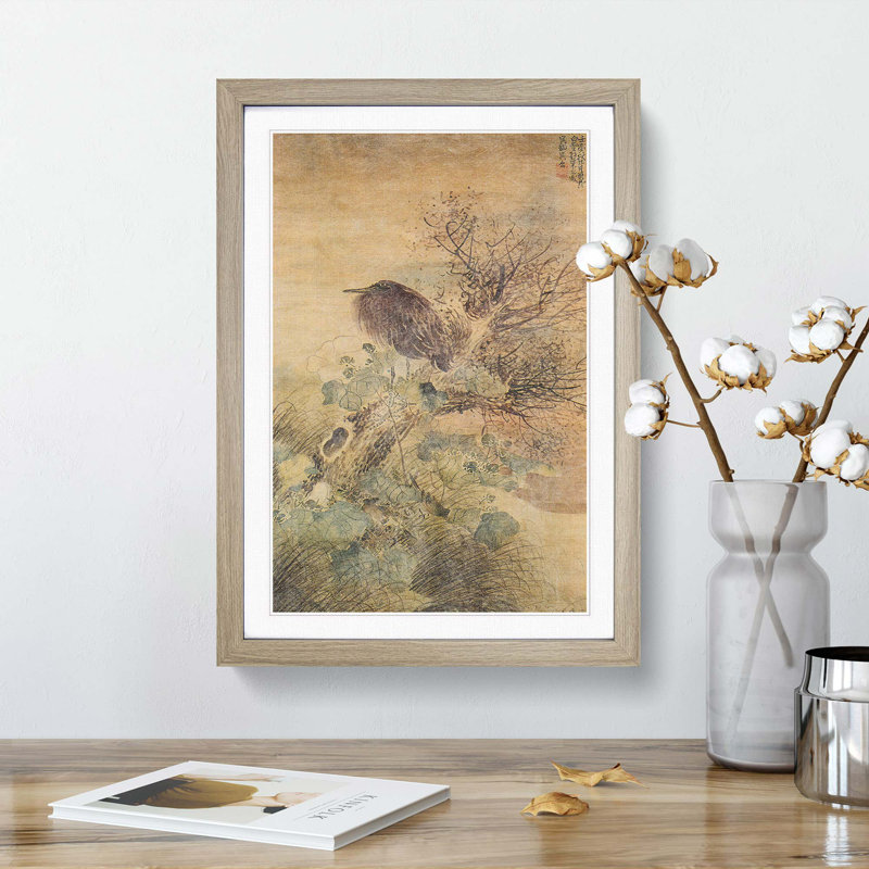 Blue Heron & Hibiscus by Matsumura Goshun - Framed Print, 60cm H x 40cm W x 2cm D, Oak