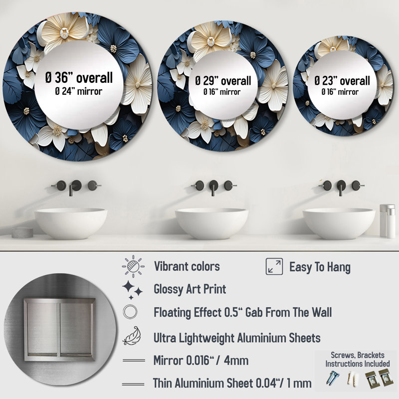 Semira Blue And White Adorned Violets - Violets Mirror, Blue Round Decorative Wall Mirror, Printed Metal Art, 23" x 23"