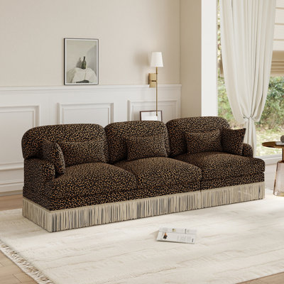 100"Modern 3-Seater Sofa,Chenille Leopard Printing,Delicate Tassel Edge,Brown black
