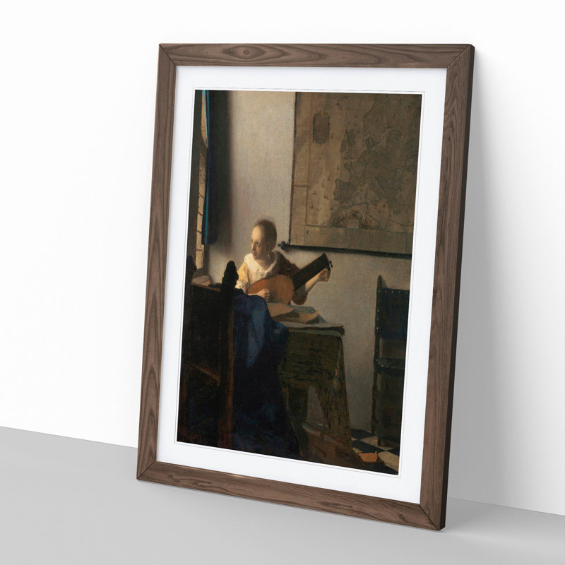Young Woman with a Lute by Johannes Vermeer - Picture Frame Painting, Walnut, 48cm H x 36cm W x 2cm D