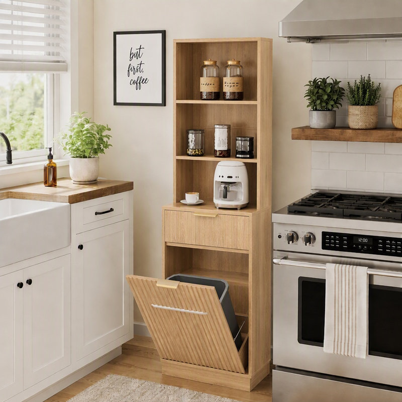 Armoire à linge haute et inclinable avec panier à linge dissimulé, tiroir et tablettes de rangement, Chêne naturel