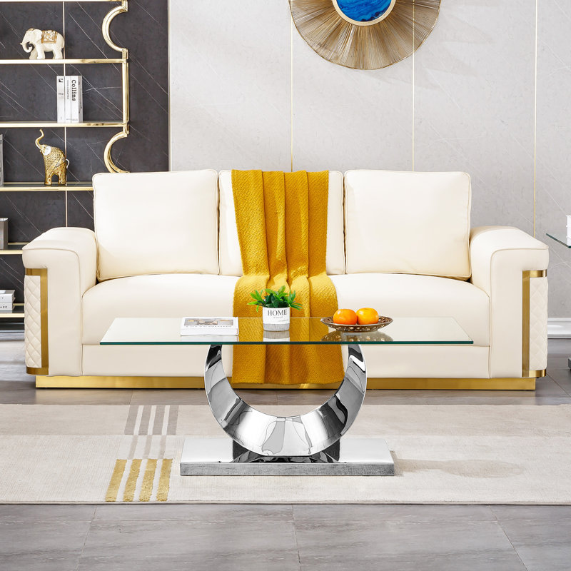 Luxury Glass Coffee Table, 47.25" Sofa Coffee Table with Moon-Shape Stainless Steel Frame and Clear Glass Top, Modern Rectangular Cocktail Table for Living Room