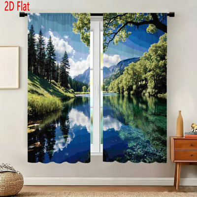 2 Piece Window Curtain Set Nature Landscape Print Curtains For Living Room Bedroom Scenic Mountain And Lake View Drapery Panels Soft Fabric Modern Home Decor Window Treatments