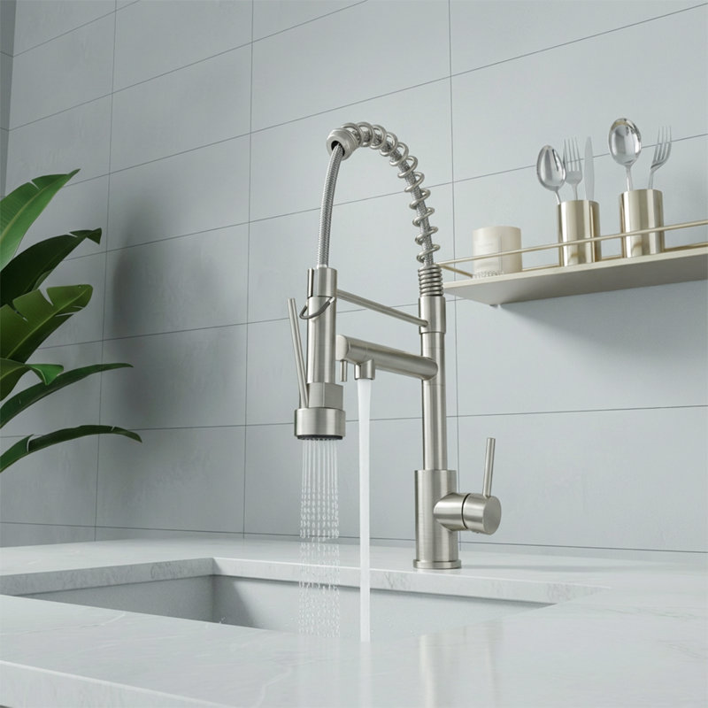  Commercial Single Handle High-Arc Kitchen Faucet with Pull-Down Spring Spout, Brushed Nickel