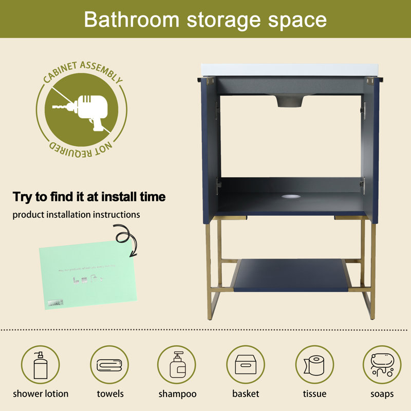 Meuble-lavabo simple avec plateau en résine Francella, Bleu marine, Or