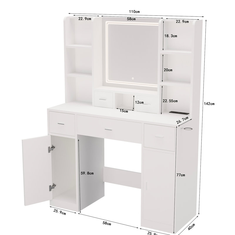 Meuble-lavabo avec miroir à DEL et éclairage réglable - 5 tiroirs, 2 armoires pour la chambre à coucher - blanc