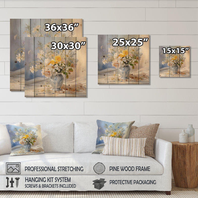 Élégant bouquet de fleurs dans un vase, charme champêtre - fleurs, art mural sur bois de pin naturel, H 30 po x l 30 po