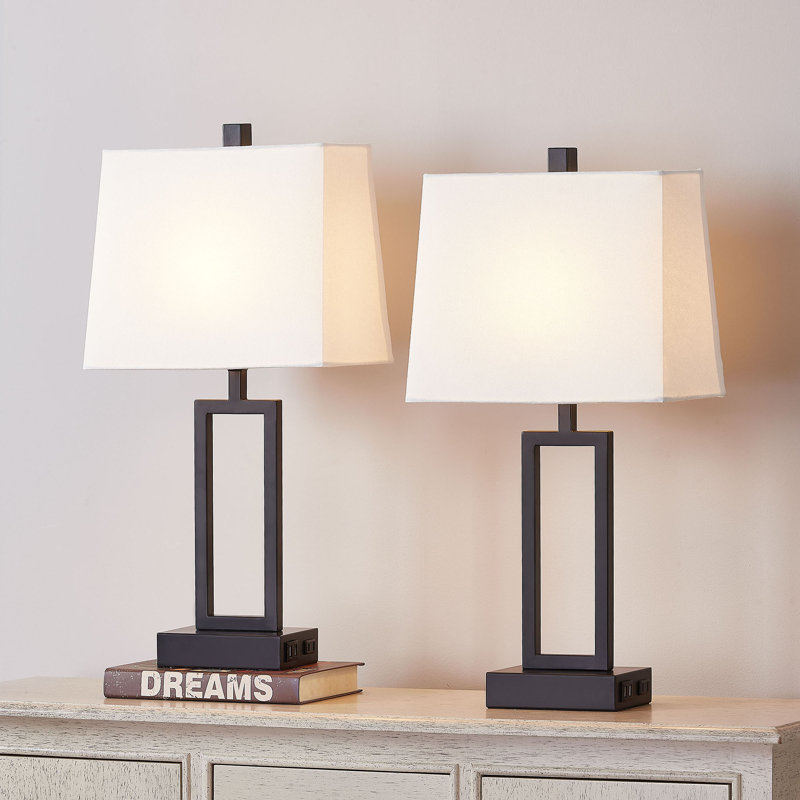 Damajae 23.5" Metal USB Table Lamp Set with Touch Control and AC Outlet, White