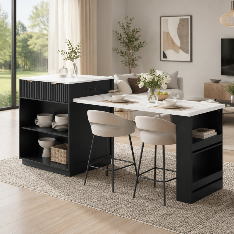 Îlot de cuisine cannelé avec table de salle à manger extensible et station de charge, Black