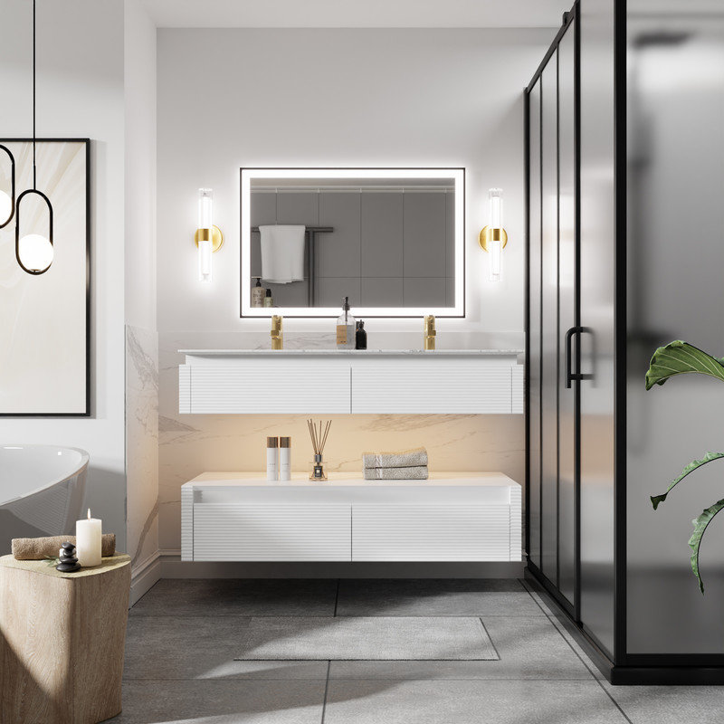 Ensemble de meuble-lavabo mural 48 po blanc avec plateau en marbre blanc 48 po