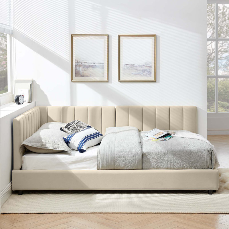 Structure de lit double capitonnée en velours, dossier de canapé avec dossier confortable et accoudoirs, Beige