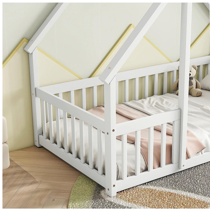 Lit en bois en forme de maison avec rampe, main courante, Lit simple, Blanc