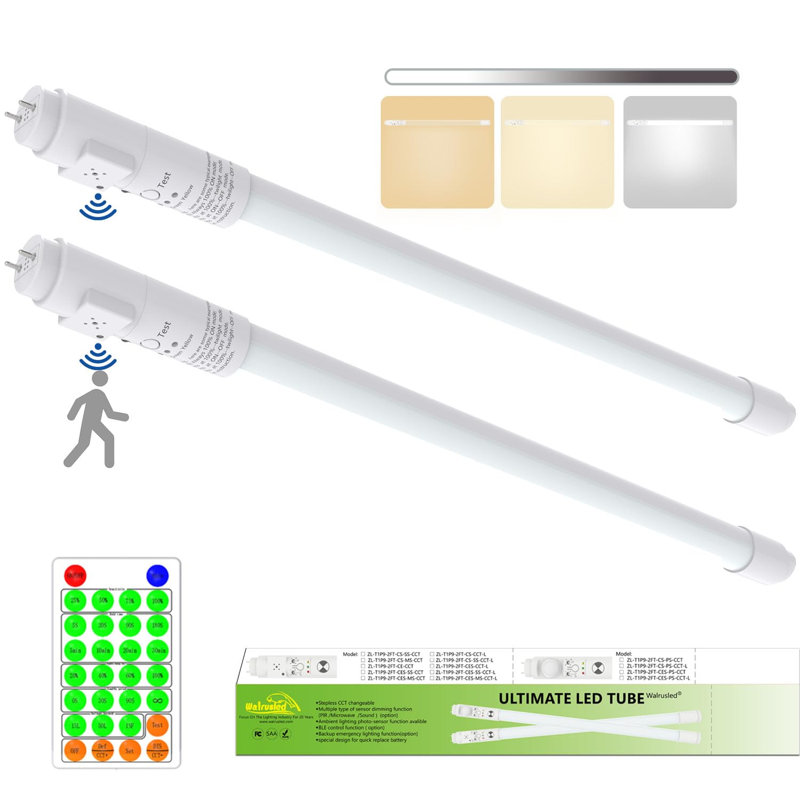 Tube de lumière T8 2FT avec capteur de mouvement à micro-ondes, télécommande, à intensité variable, IP4X, G13, 120V, CCT, 10W, 1000 ML, tube fluorescent de remplacement à DEL de 2 pieds pour magasin, dérivation de ballast, double extrémité, type B, paquet de 2