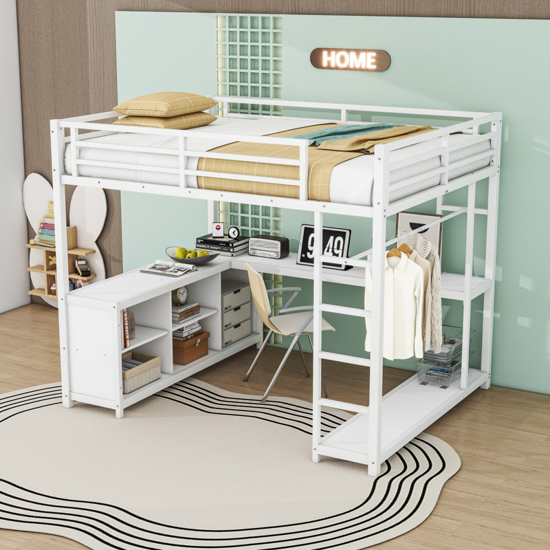 Lit mezzanine moderne en métal avec bureau intégré et tablettes, Grand lit, Blanc