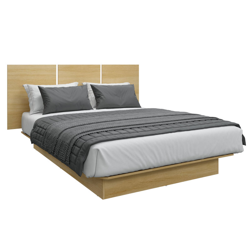 Grand lit Zen Alpha - Lit plateforme avec tête de lit - Assemblage facile, aucun sommier requis, Beige