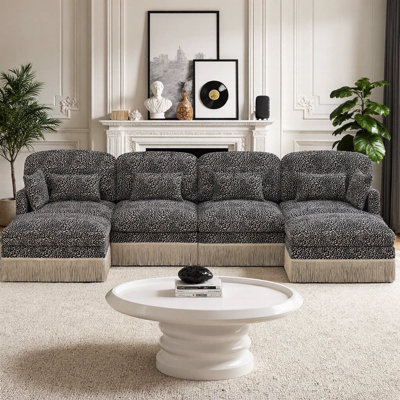 Canapé modulaire en chenille de 131 po à motif léopard en forme de U, 4 sièges avec 2 repose-pieds mobiles, bord à pampille délicat, siège profond ergonomique, mode moderne, assemblage facile pour un grand salon