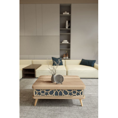 Table basse Mid-Century moderne à plateau relevable avec rangement géométrique / treillis
