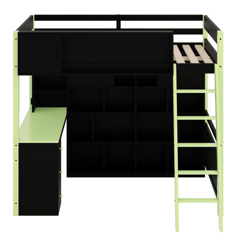 Lit mezzanine en bois avec bureau, Vert
