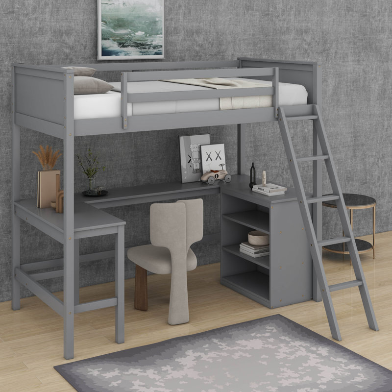 Lit mezzanine simple en bois avec bureau et tablettes, Gris