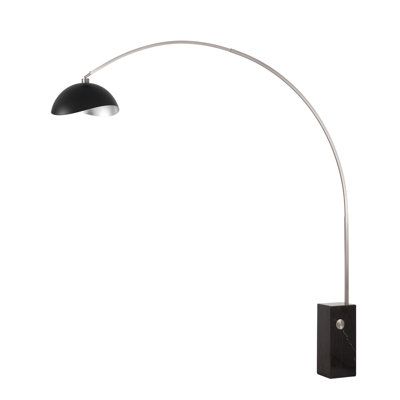 Iconic 95" Mid-Century Modern Arc Lamp - Satin Nickel Steel Body, Black Marble Base, Half-Dome Matte Black/Silver Steel Shade, Dimmable, Smart Home Compatible