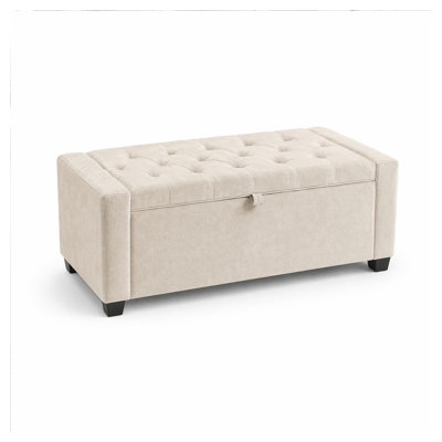 Banc de rangement en chenille rembourré avec charnière de sécurité, repose-pieds rectangulaire pour entrée de chambre à coucher, beige