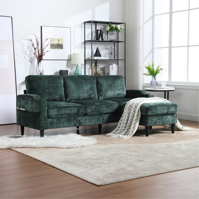 Canapé pour trois personnes, structure en bois massif, tissu chenille, poche latérale, avec deux porte-gobelets, repose-pieds avec rangement et canapé de salon Canapé modulaire confortable