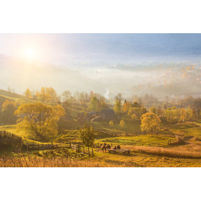 Sunny foggy mountain village 1 Piece Wrapped Canvas Wall Art