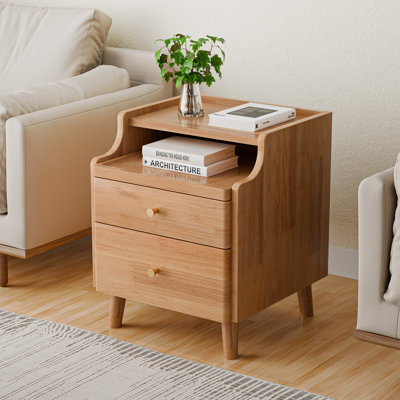 19.7" H Nightstand with Drawers, Pre-Assembled, Natural Solid Wood Night Stand with Open Sliding Shelf