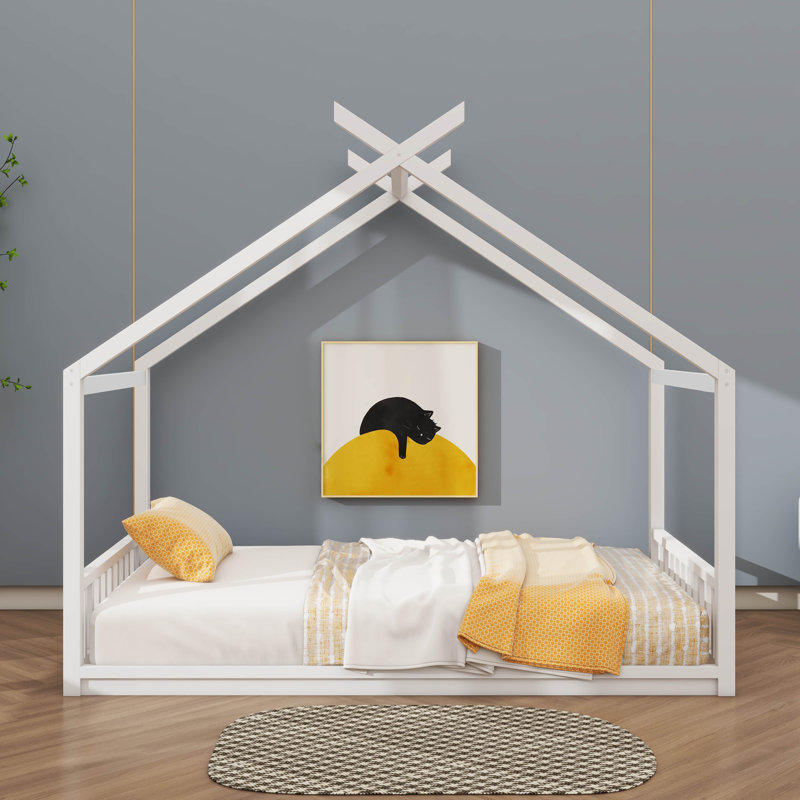 Lit de maison d'inspiration Montessori pour enfants, base de lit à profil bas avec tête et pied de lit, Blanc
