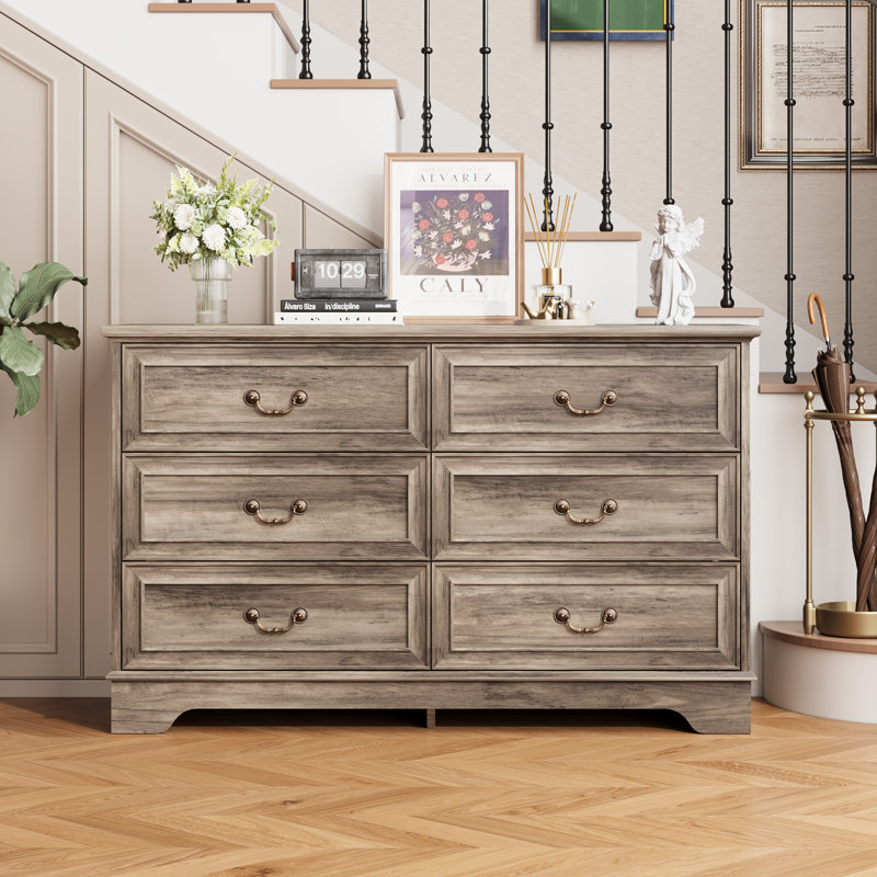 6 Drawer Dresser for Bedroom - 47" Wide Double Chest of Drawers, Vintage Drawers Organizer for Living Room, Hallway, Entryway, Grey