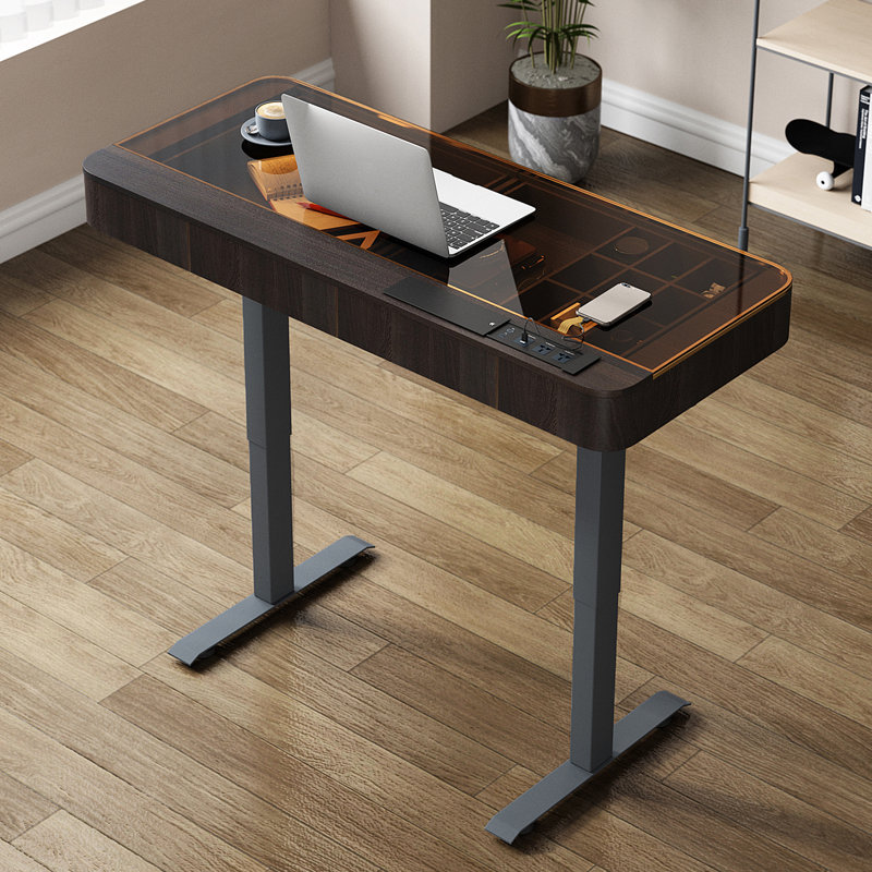 Standing desk with built-in outlet, glass top, Black, 29.5" H x 50" W x 23" D