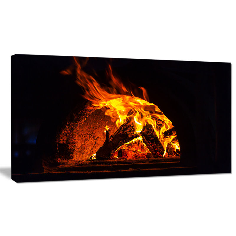 Wood Stove With Fire And Blaze - Wrapped Canvas Print, 16" H x 32" W