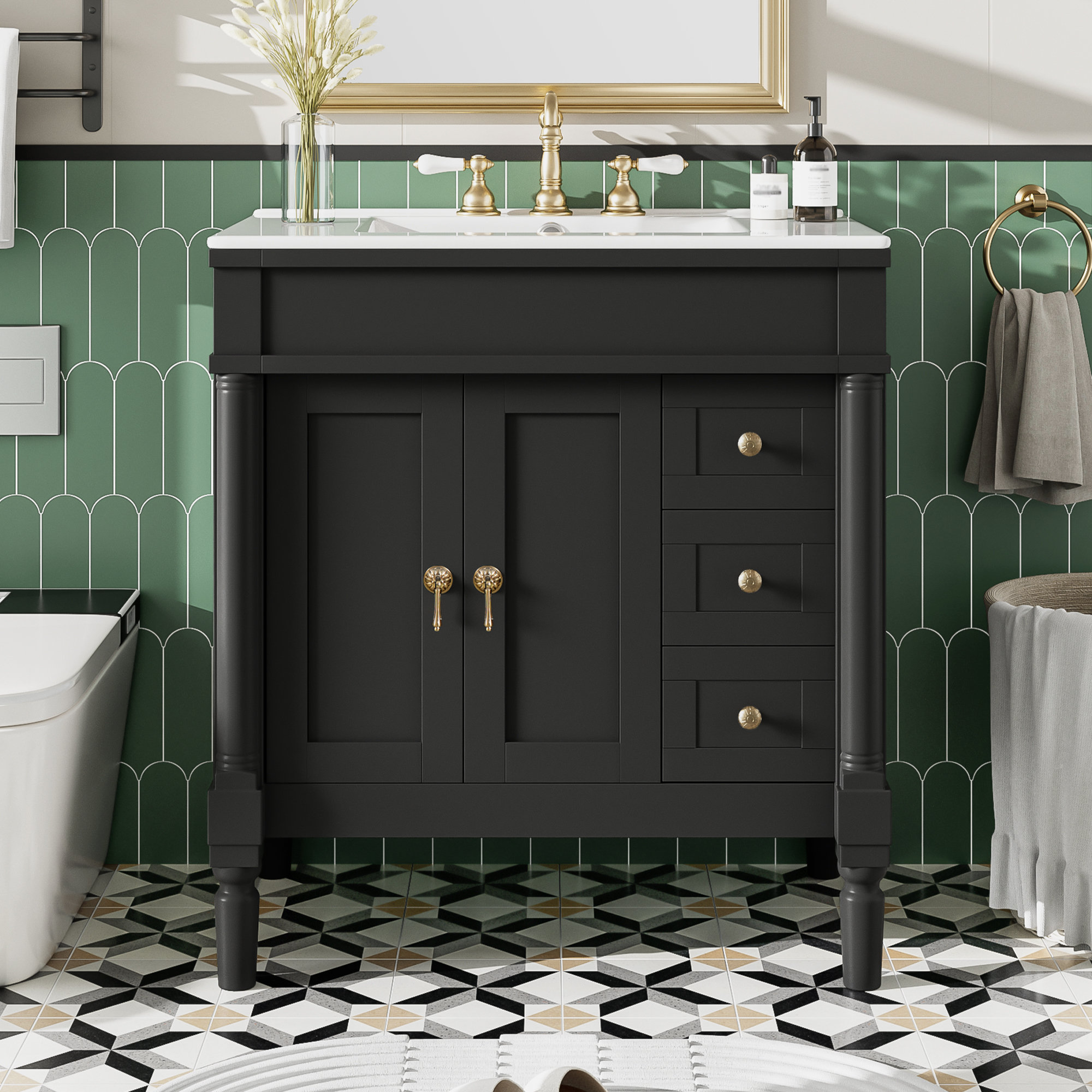 thumbnail image 2 of 30" Bathroom Vanity With 3 Drawers And 1 Cabinet, Modern Bathroom Cabinet With Sink Combo Set Solid Wood Frame Bathroom Storage Cabinet Soft Closing Door Grey 2 of 12