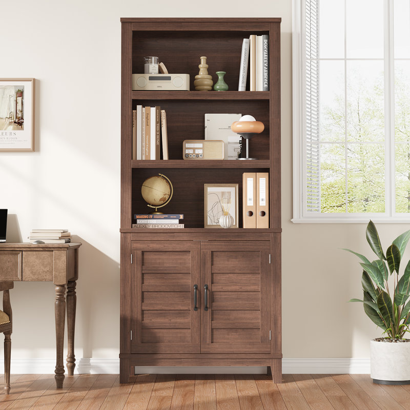 Bibliothèque de campagne 71 "avec portes, bibliothèque rustique en bois à 5 niveaux avec armoire et tablette réglable