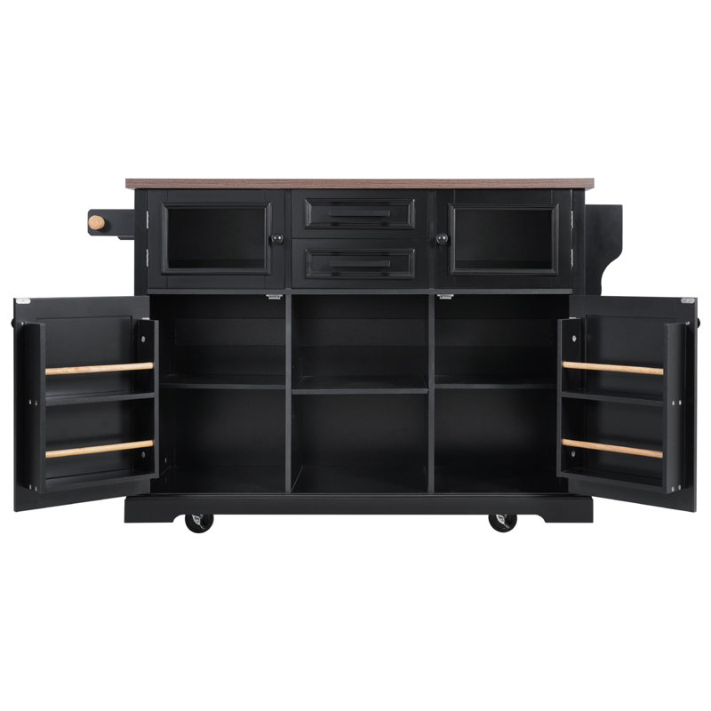54.9" Kitchen Island with Drop Leaf, Power Outlet, Kitchen Storage Cart with 4 Door Shelves, Cross Barn Doors & Visual Glass Door