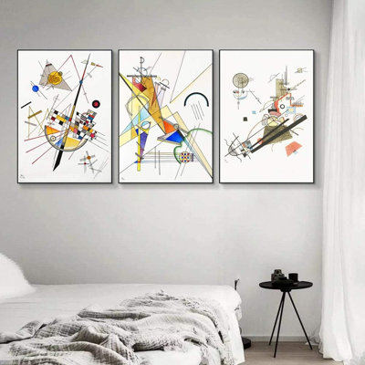 Reproduction de giclée sur toile tendue encadrée 3 pièces par Wassily Kandinsky Wall Art Series # 001 Living Office Home Decorations (cadre mince noir, 24 po x 32 po chaque pièce)