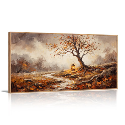 «Autumn Tree with Glowing Lantern On Rainy Path», art mural sur toile