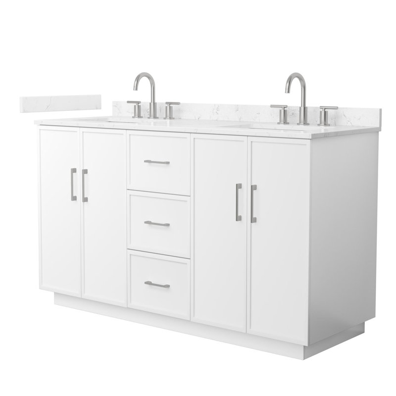 Ensemble de meuble-lavabo double 60 po Elan, Blanc avec garniture nickel brossé, Comptoir en marbre de culture de Carrare