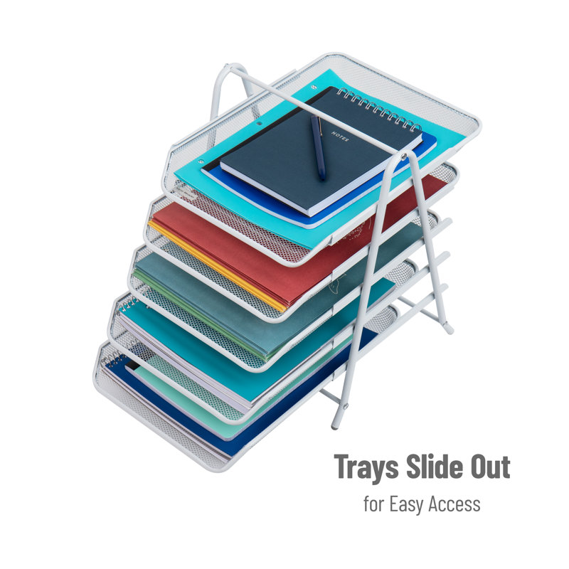 White Metal Mesh 5-Tier Letter Tray Organizer with Handle