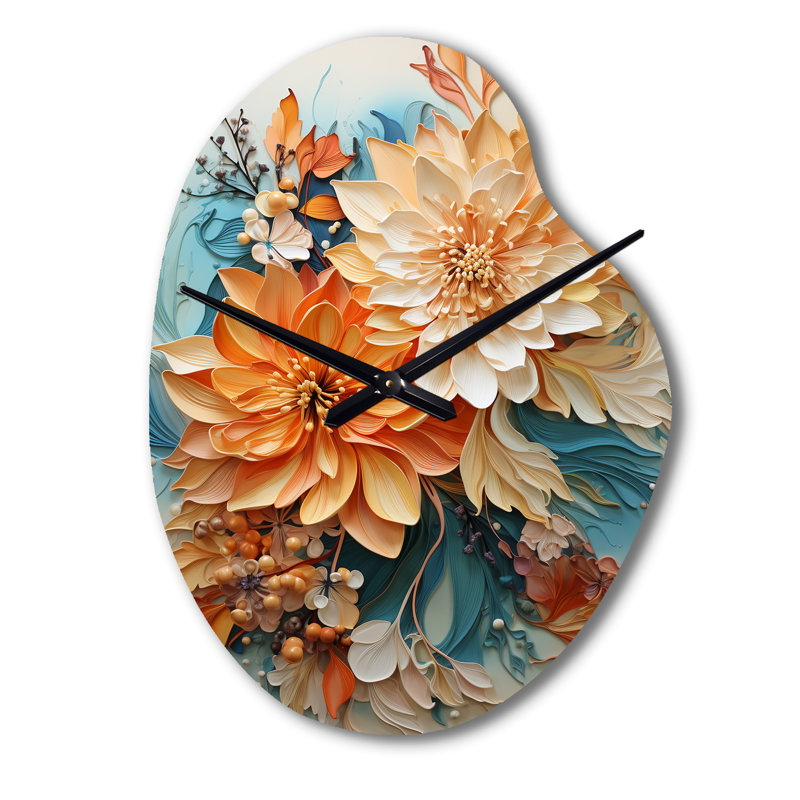 Horloge murale orange, bleu sarcelle, tourbillon botanique I - Botanicals, Petit