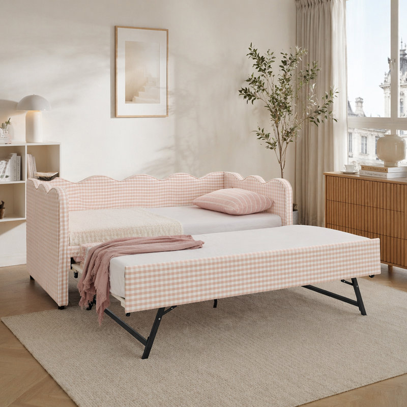 Cozy Gingham Daybed With Trundle  Sofa Bed No Box Spring Needed, Pink