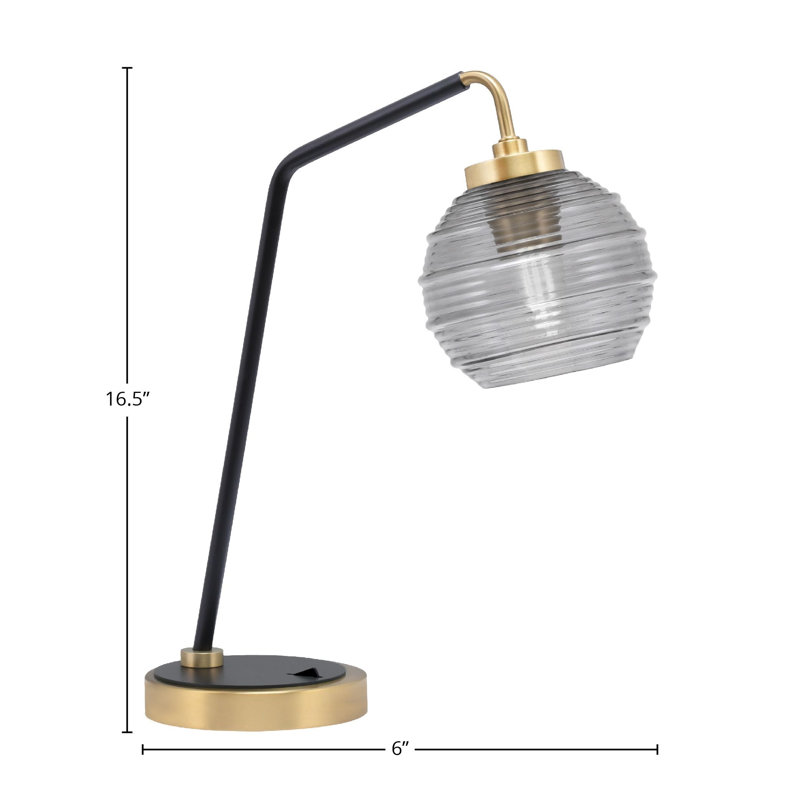 Lampe de bureau Guichard illustrée de verre nervuré de 6 po, Noir, Noir mat / laiton