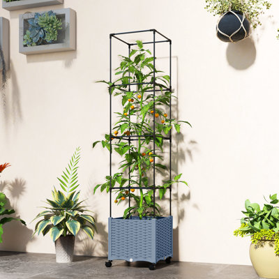 Lit de jardin surélevé avec treillis, cage à tomates 71,7 po avec roues verrouillables, jardinière à arrosage automatique avec trous de drainage et bouchons pour plantes grimpantes, vignes, légumes, fleurs, gris