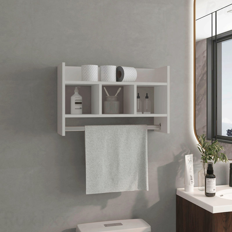 Wall Shelf With Towel Bar, Compact Storage With A Wide Upper Shelf, Three Comapct Middle Shelves And Towel Holder For Bathroom Organizer, White