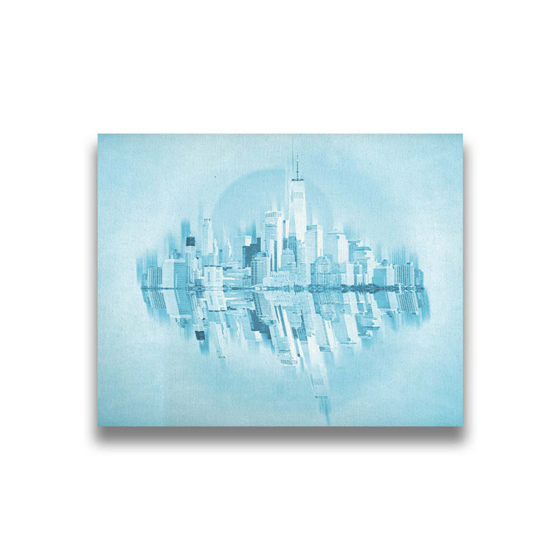 Blue City par Hal Halli. Toile tendue avec estampe numérique, taille de l'image, H 32 po x l 40 po, Toile tendue