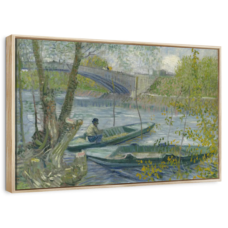 Pêche au printemps, 31 po x 21 po, Cadre flottant en bois naturel