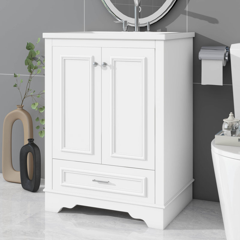 Ensemble de meuble-lavabo 24 po avec lavabo en céramique, armoire de rangement moderne avec 2 portes et tiroir, meuble-lavabo autoportant
