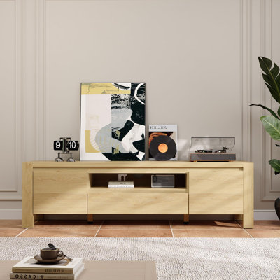 63 Inch Farmhouse TV Stand for TVs Up to 70 Inch, Entertainment Center with Wood Legs, Handless Doors & Adjustable Shelves, Media Console for Living Room, Natural